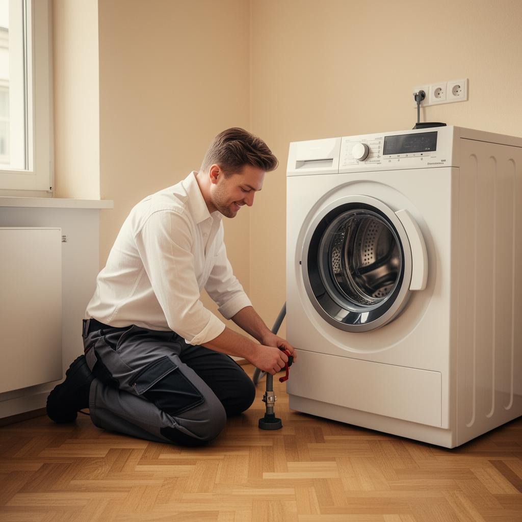 Techniker des Grün Reparaturdienst demontiert eine Waschmaschine in einer Berliner Wohnung